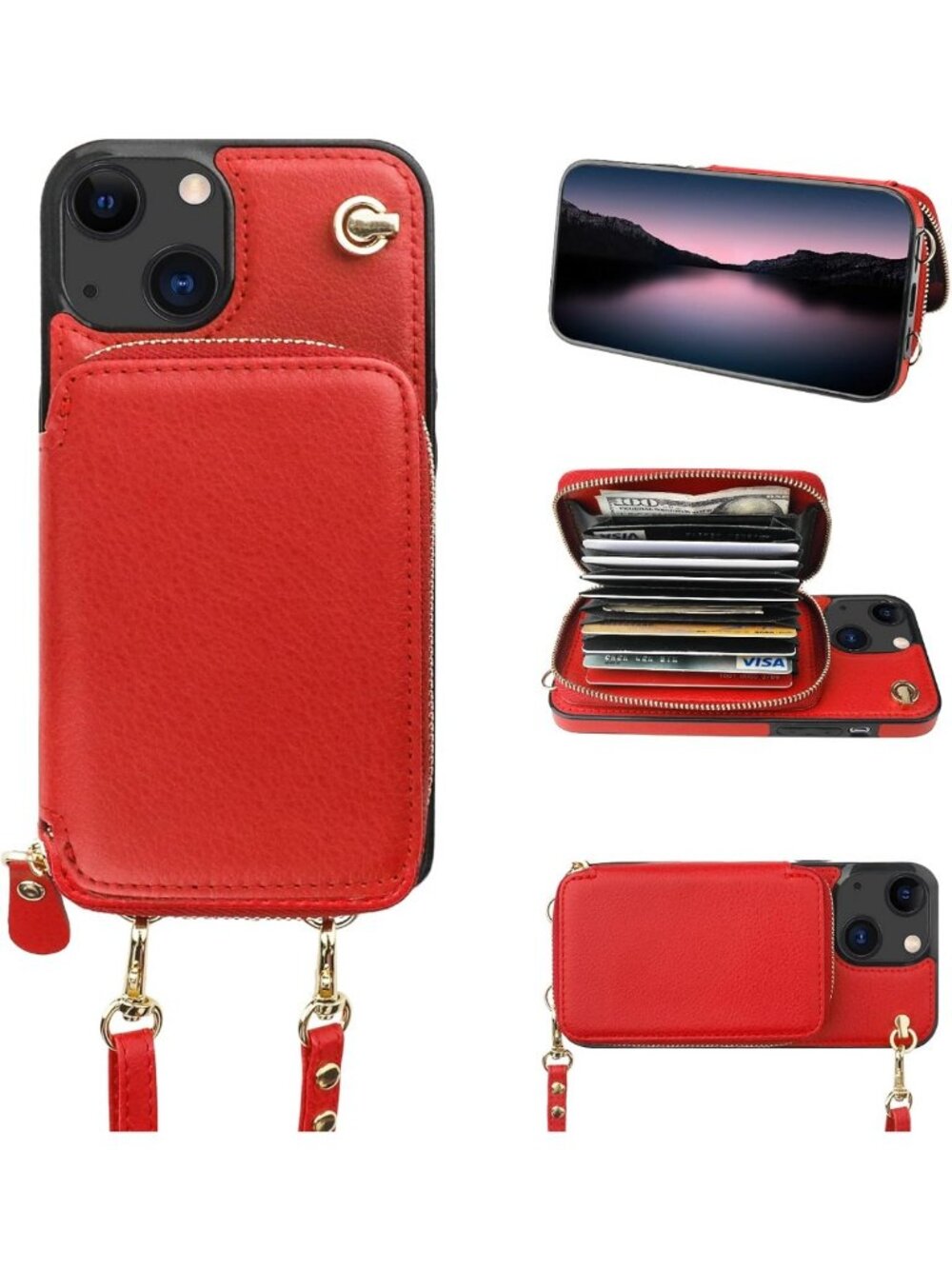 Stylish Multi-Slot Crossbody Wallet Case for iPhone 13/14 - Red, Functional